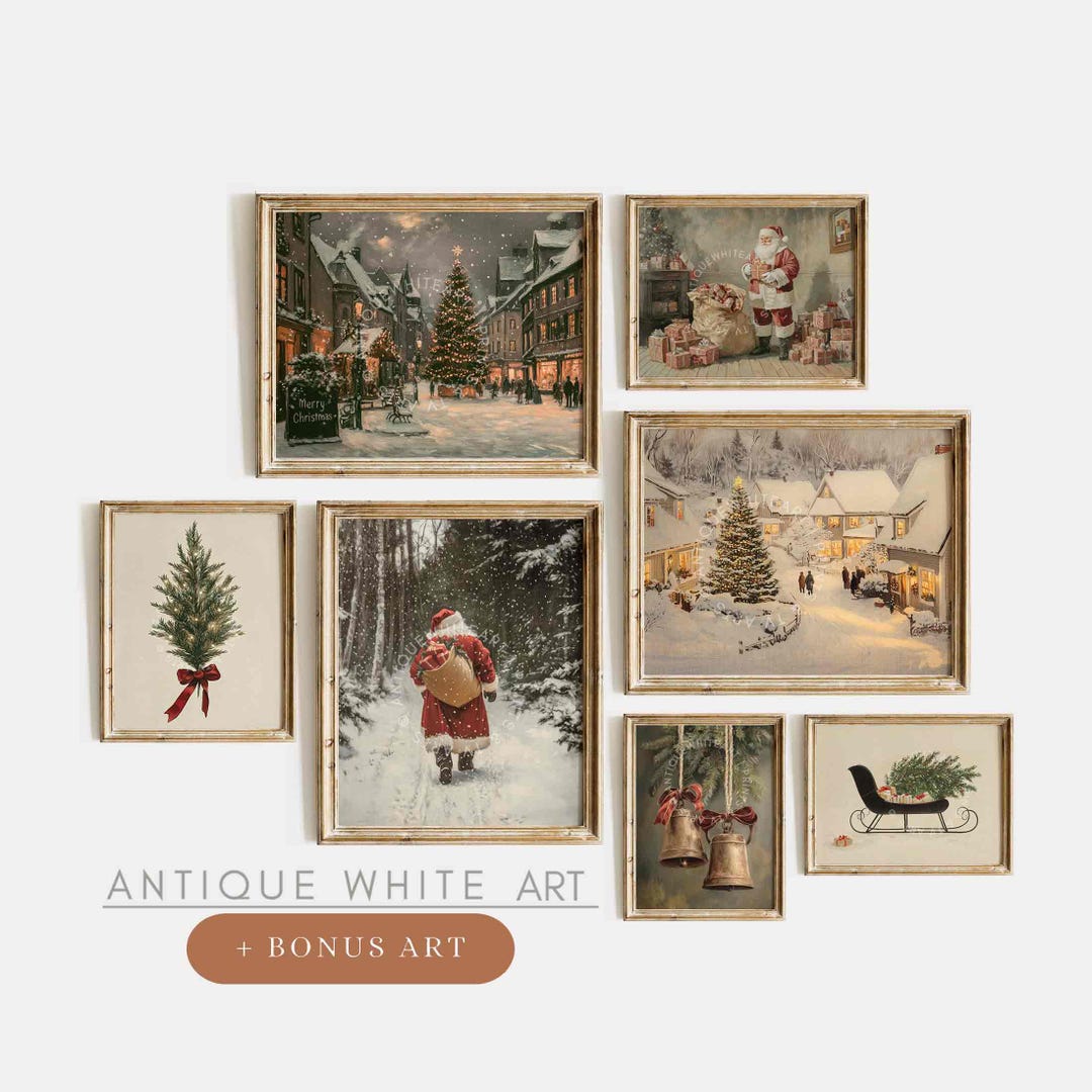 Printable Vintage Style Christmas Prints, Set of Moody Winter Wall Art ...