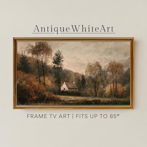 May include: A landscape painting in a gold frame featuring a small white house nestled among trees with autumn foliage under a cloudy sky. The text AntiqueWhiteArt and FRAME TV ART | FITS UP TO 85" are visible above and below the artwork.