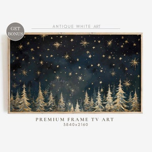 May include: A digital art print featuring a dark blue night sky with gold stars and a forest of pine trees in the foreground. The text "Antique White Art" is at the top of the image and "Premium Frame TV Art 3840x2160" is at the bottom.
