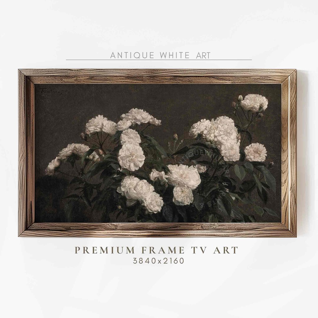Vintage Moody Flowers Frame TV Art, Dark Rustic White Roses Painting ...