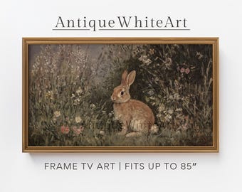 Dark Easter Frame TV Art, Decor, Moody Bunny Rustic Painting for TV, Rabbit in Wildflowers, Farmhouse Cottagecore, Digital Download | TV580