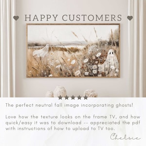 May include: A rectangular framed digital artwork displayed on a television screen featuring a landscape painting of a field with tall grasses, white flowers, and two white ghost figures. The text HAPPY CUSTOMERS appears above the screen.