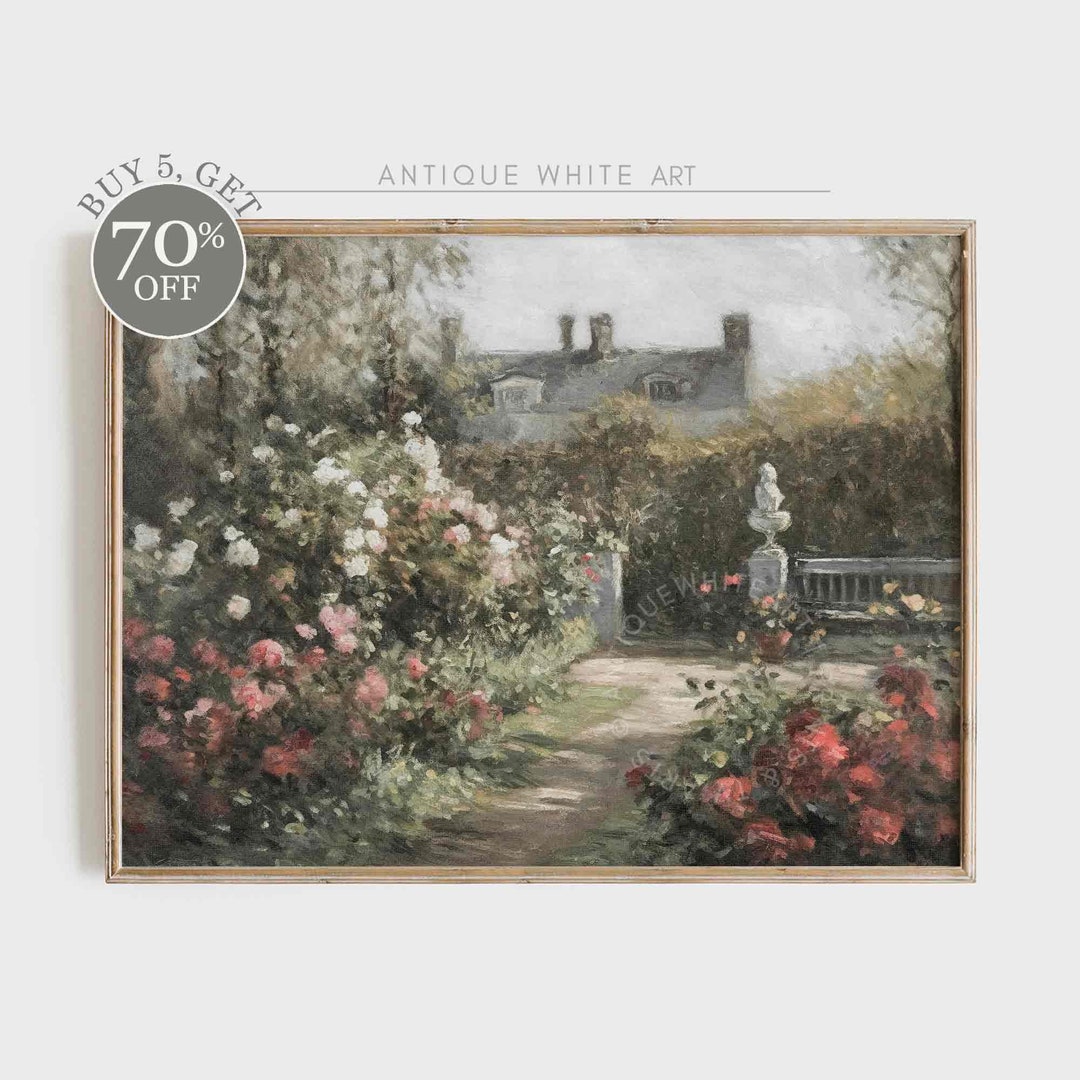 Printable Cottage Rose Garden, Vintage Oil Painting, Cottagecore Wall ...