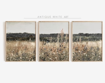 Printable Wildflower Field Landscape Vintage Painting, Set of 3 Antique Landscape Art Print, Country Field Wall Art Digital Download | S22