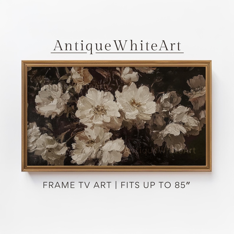 May include: A framed print of a painting featuring white flowers with dark brown foliage. The painting is in a gold frame and has the text "Antique White Art" at the bottom.
