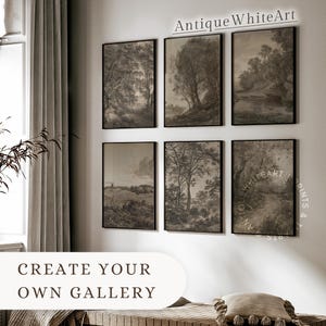 May include: Six framed landscape art prints in black frames. The prints feature grayscale drawings of trees, fields, and waterways. The text "Antique WhiteArt" and "CREATE YOUR OWN GALLERY" are visible.