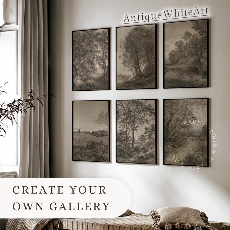 May include: Six framed landscape art prints in black frames. The prints feature grayscale drawings of trees, fields, and waterways. The text "Antique WhiteArt" and "CREATE YOUR OWN GALLERY" are visible.