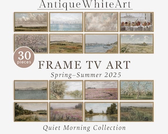 Puede incluir: Un collage de 30 pinturas de paisajes enmarcadas en tonos suaves, que representan escenas de la naturaleza, incluyendo árboles, agua y campos. El texto "Antique WhiteArt" y "FRAME TV ART Primavera-Verano 2025" se muestra sobre las imágenes, y "Quiet Morning Collection" se muestra debajo.