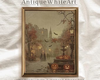 May include: A framed vintage print titled "Antique White Art" depicts a spooky Halloween scene. The artwork features a street with jack-o'-lanterns, bats, and a fountain. The print is in a gold frame and includes the text "HIGH-RESOLUTION | INSTANT DOWNLOAD."
