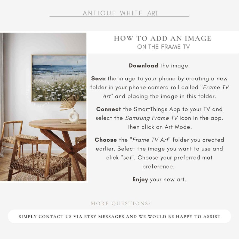 May include: An image with the text "ANTIQUE WHITE ART" and instructions on how to add an image to a Frame TV. The image includes a framed landscape painting, a wooden table, and two chairs.