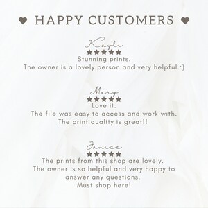 Pu&ograve; includere: Uno screenshot di recensioni dei clienti per un negozio su Etsy. Le recensioni sono positive e includono valutazioni a cinque stelle. Le recensioni menzionano la qualit&agrave; delle stampe, la facilit&agrave; di accesso ai file e la disponibilit&agrave; del proprietario del negozio.