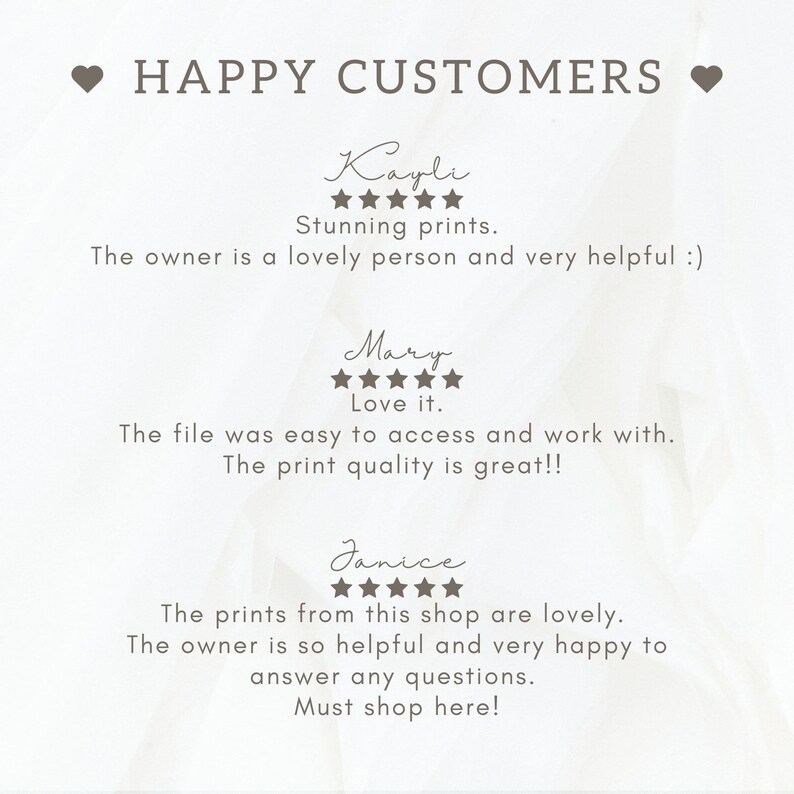 Pu&ograve; includere: Uno screenshot di recensioni dei clienti per un negozio su Etsy. Le recensioni sono positive e includono valutazioni a cinque stelle. Le recensioni menzionano la qualit&agrave; delle stampe, la facilit&agrave; di accesso ai file e la disponibilit&agrave; del proprietario del negozio.