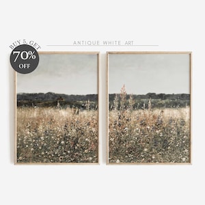 Printable Wildflower Field Set of 2 Prints, Vintage Country Field Painting, Antique Farm House Landscape Wall Art, Digital Download | S06