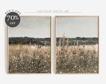 Printable Wildflower Field Set of 2 Prints, Vintage Country Field Painting, Antique Farm House Landscape Wall Art, Digital Download | S06