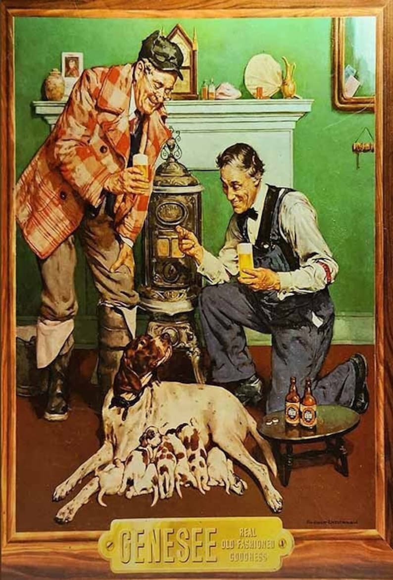 May include: A vintage advertisement for Genesee Beer featuring two men enjoying a beer by a fireplace. The men are dressed in casual clothing and are smiling. A dog and puppies are in the foreground. The text on the advertisement reads "Genesee Real Old Fashioned Goodness."
