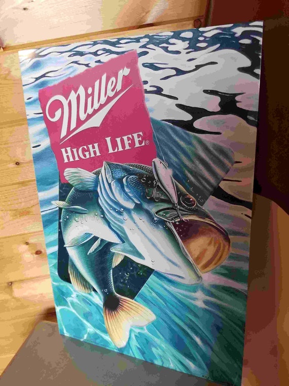 Miller High Life Beer 24in Large Metal Sign Fish Beer Fishing