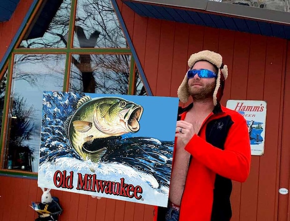 Old Milwaukee Beer Fish Sign Schlitz Man Cave Bar Sign Bass