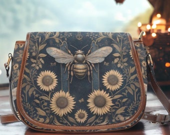 Bee Cross body Bag, Boho Brown Sunflower Bag, Floral Bag, Saddle Bag, Flower Printed Bag, Mystical Witch Bag Gift for Woman, Gothic Bag Gift