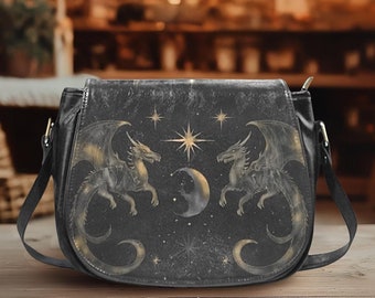 Dragon Crossbody Bag, Witch Cross Body Bags, Gift for Dragon Lover, Goth Saddle Bag, Messenger Bag, Witchcore gift, Celestial Bag, Star ag