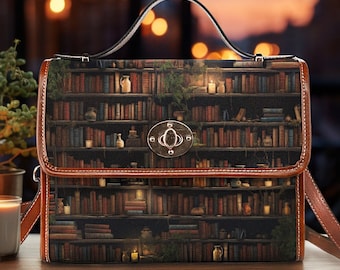 Bookcore Satchel Bag, Bookish Vegan Leather Handbag, Library Crossbody Bag,  Academia Aesthetic, Bookshelf Book Bag, Gift for Book Lover