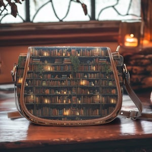 Bolso de mano Bookcore Saddle, bolso de mano de cuero vegano para amantes de los libros, bolso cruzado para biblioteca, estética académica, bolso de estantería para libros, regalo para amantes de los libros