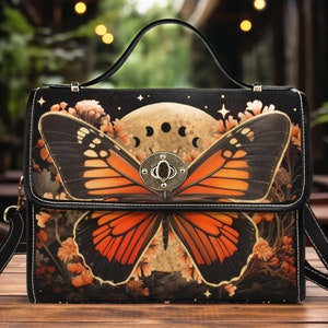 Sac cartable en toile Cottagecore papillon, sac à main Cottagecore pour femme, sac à main bohème mignon avec bracelet en cuir végétalien, cadeau Boho hippies