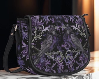Cottagecore Raven Cross body Bag, Boho Black Vegan Leather Bag, Goth Bag, Saddle Bag, Flower Printed Bag, Mystical Witch Bag Gift for Woman