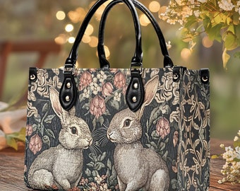 Cottagecore rabbit vegan leather tote bag, forest bunny crossbody, whimsical purse—perfect boho gift for women, nature lovers Easter gift