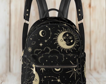 Celestial Backpack, Witch Bag, Light Weight Bag for Book and Small ipad,  Star bag, Boho Bag, Witchy Gift, Moon Bag, Vegan Leather Black Bag