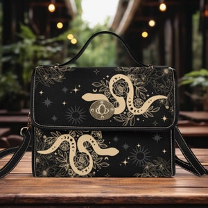 Bolso de lona estilo cottagecore con diseño de serpiente, bolso cottagecore para mujer, bonito bolso bohemio con correa de piel vegana, regalo bohemio hippie, bolso con flores