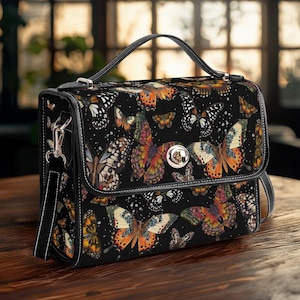 sac à main vintage papillons noirs, sac cartable en toile sorcière, portefeuille cottagecore, bracelet en cuir végétalien, sac à main, sac bohème, cadeau papillon