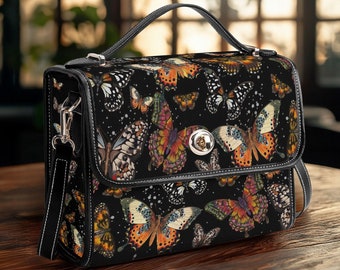 Vintage Black Butterflies Purse, Witchy Canvas Satchel bag, Cottagecore Wallet, Vegan Leather Strap, Hand Bag, Boho Bag,  Butterfly Gift