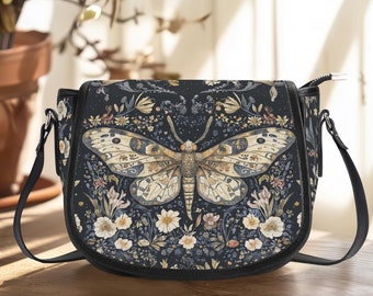 Cottagecore Moth Saddle Bag | Floral Boho Handbag | Organized Witchy Purse with Moth & Flower | Boho Shoulder Bag |Moth Lover Gift