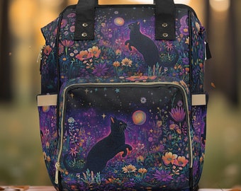 Black Cat Diaper Backpack, Purple Flower Moon Bag, Perfect Baby Shower Gift, Witch Bag, Stylish Nylon Multi-Function Diaper Backpack