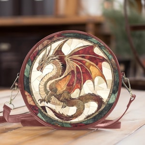Cartable Witchcore, sac à main en cuir végétalien dragon, sac à bandoulière dragon, sac rond sorcière, cadeau pour amateur de sorcière, cadeau bohème
