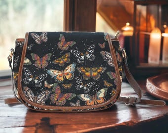 Butterfly Cross body Bag, Boho Brown Butterfly Bag, Butterfly Bag, Saddle Bag, Flower Printed Bag, Mystical Witch Bag Gift for Woman