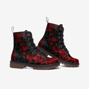 Vintage Roses Casual Boots, Vegan Leather Lightweight boots, Red Roses image 3