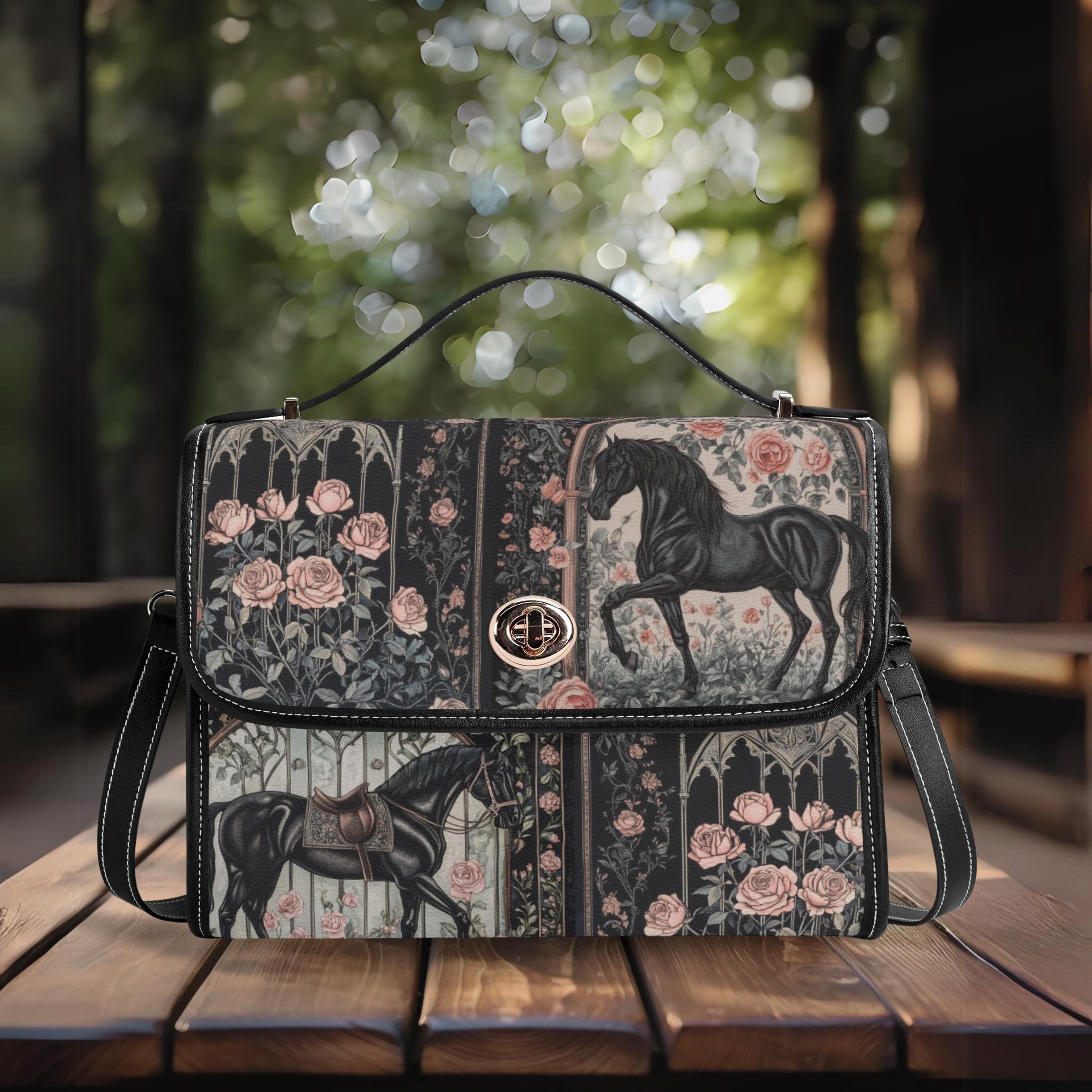 Vintage Black Horse Purse, Witchy Vengan Leather Satchel bag, Cottagecore Wallet for Women, Hand Bag, Boho Bag,  Gift for Horse Lover