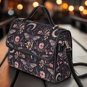 Cartable papillon, sac à main en cuir végétalien Cottagecore, sac à bandoulière, esthétique universitaire, sac sorcière, cadeau pour femme, sac lune