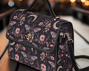 Butterfly Satchel Bag, Cottagecore Vegan Leather Handbag, Crossbody Bag,  Academia Aesthetic, Witchy Bag, Gift for Woman, Moon bag