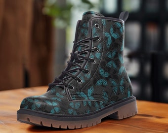 B0013 Blue Butterflies Boots, Casual Vegan Leather Lightweight boots, Padded collar for added comfort