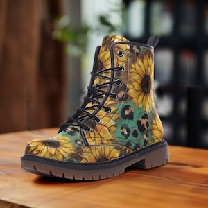 Teal Leopard Sunflowers Casual Vegan Leather Lightweight boots, Added Padded Collar For Extra Comfort