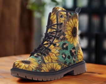 Teal Leopard Sunflowers Casual Vegan Leather Lightweight boots, Added Padded Collar For Extra Comfort