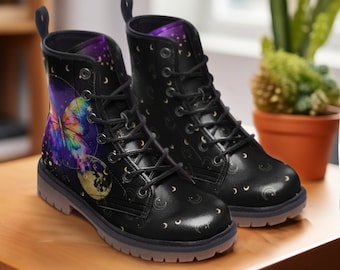 Butterfly Boots, Celestial Boots, Black Boots, Casual Leather Lightweight boots