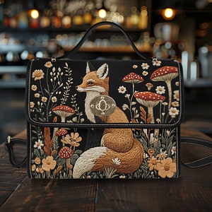 Stickerei Fuchs Umhängetasche, Tier Vegan Leder Handtasche, Stickerei Effekt Crossbody Tasche, Bücherregal Buch Tasche, Geschenk für Fuchs Liebhaber, Pilz