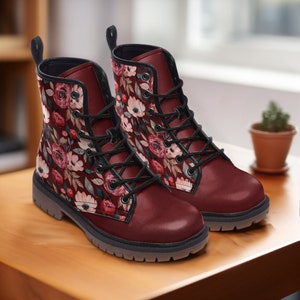 Red Wine Flower Casual Vegan Leather Lightweight boots for Woman, Perfect gift for Woman