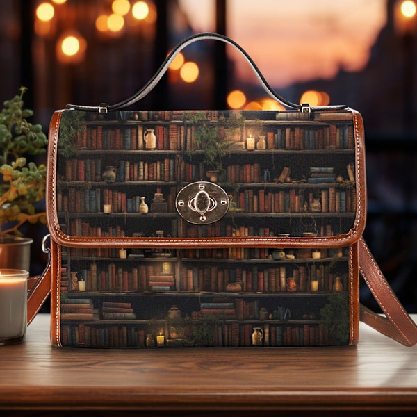 Bookcore Satchel Bag, Bookish Vegan Leather Handbag, Library Crossbody Bag,  Academia Aesthetic, Bookshelf Book Bag, Gift for Book Lover