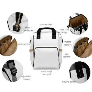 May include: White diaper bag backpack with adjustable straps, side pockets, bottle pockets, and a zippered enclosure. The bag is waterproof and has a wide open design.