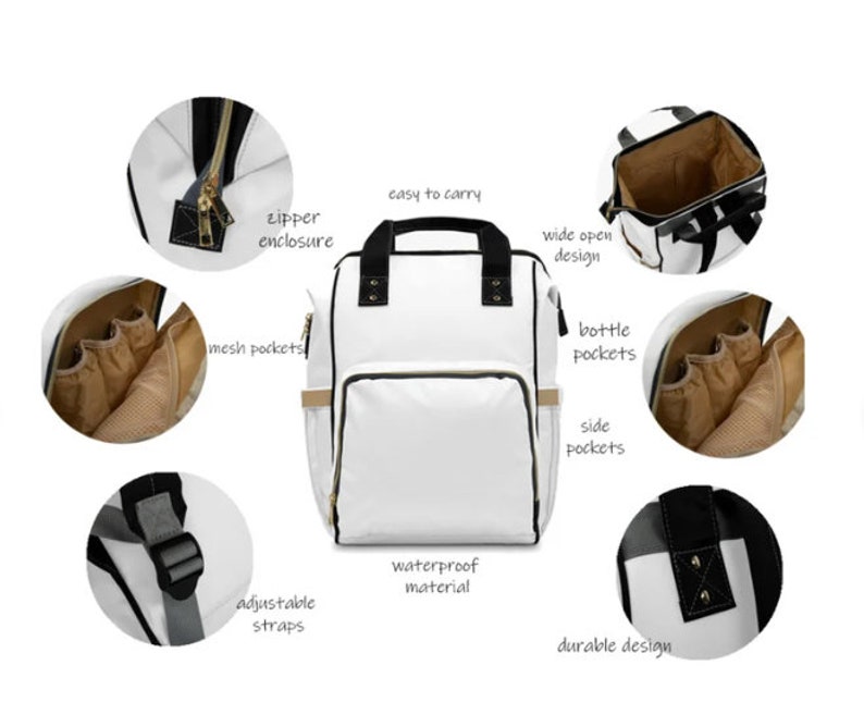 May include: White diaper bag backpack with adjustable straps, side pockets, bottle pockets, and a zippered enclosure. The bag is waterproof and has a wide open design.