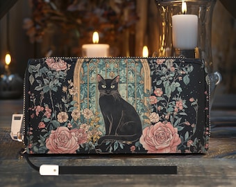 Cottagecore Black Cat Vegan Leather Tote Bag, Roses and Cat Crossbody, Whimsical Purse, Witchy Gift, Boho Gift for Woman, Cat Mom Gift